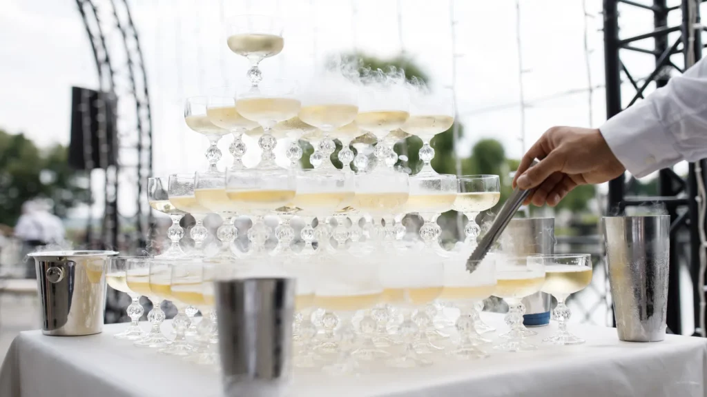 A smoking champagne tower created for a wedding champagne toast