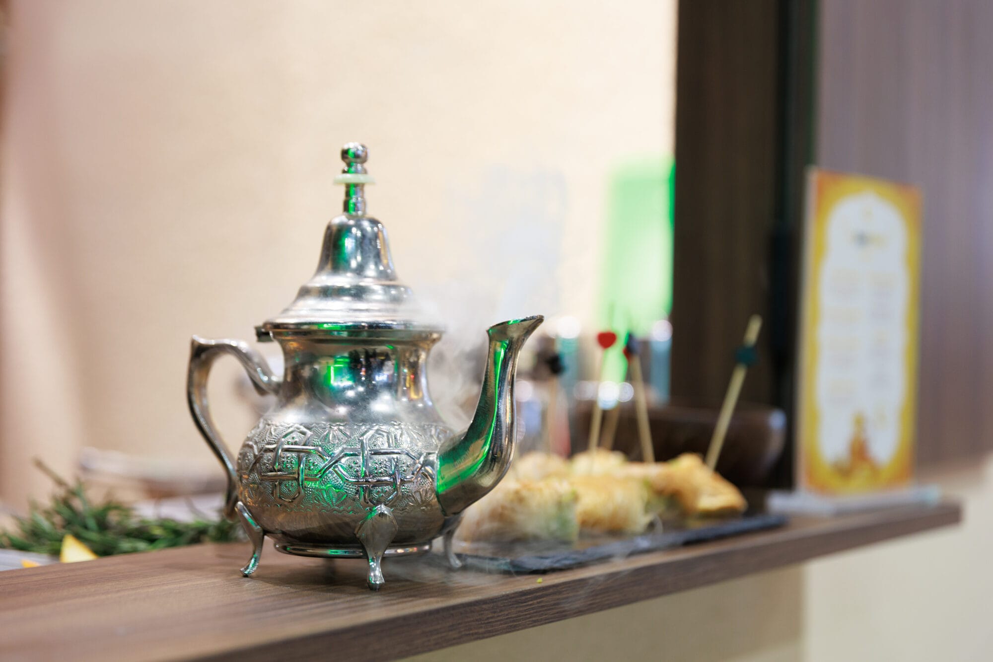Silver Moroccan teapot used for branded mint tea serves on the Betfinal exhibition stand