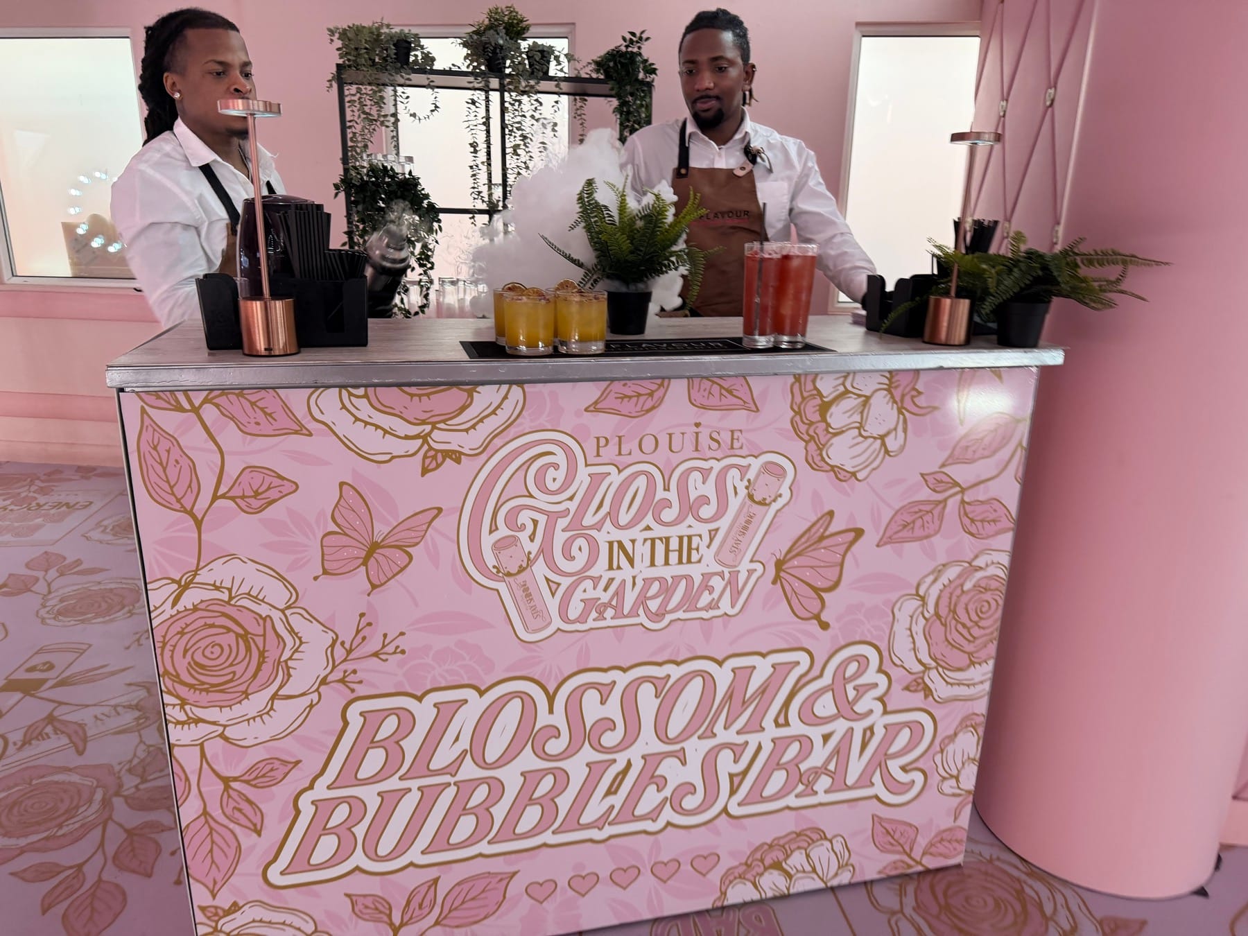 Custom P.Louise Gloss in the Garden branded cocktail bar by Mr Flavour