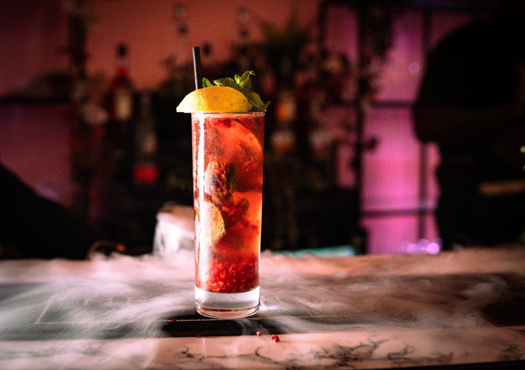 Berry highball cocktail with dry ice at a P.Louise event