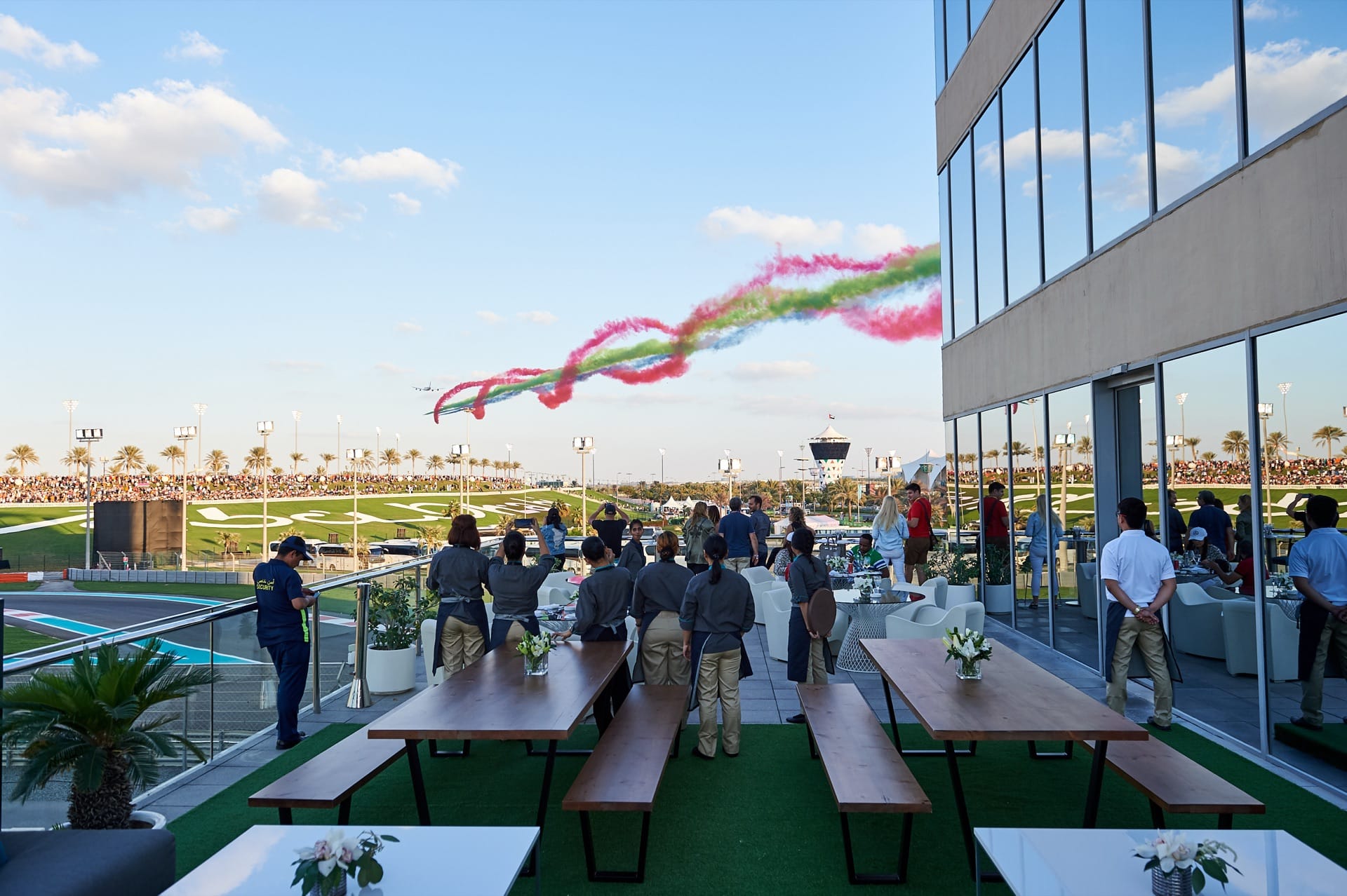 UAE national aerobatic display over the Mr Flavour hospitality terrace at the Yas Marina Circuit during the Abu Dhabi Grand Prix