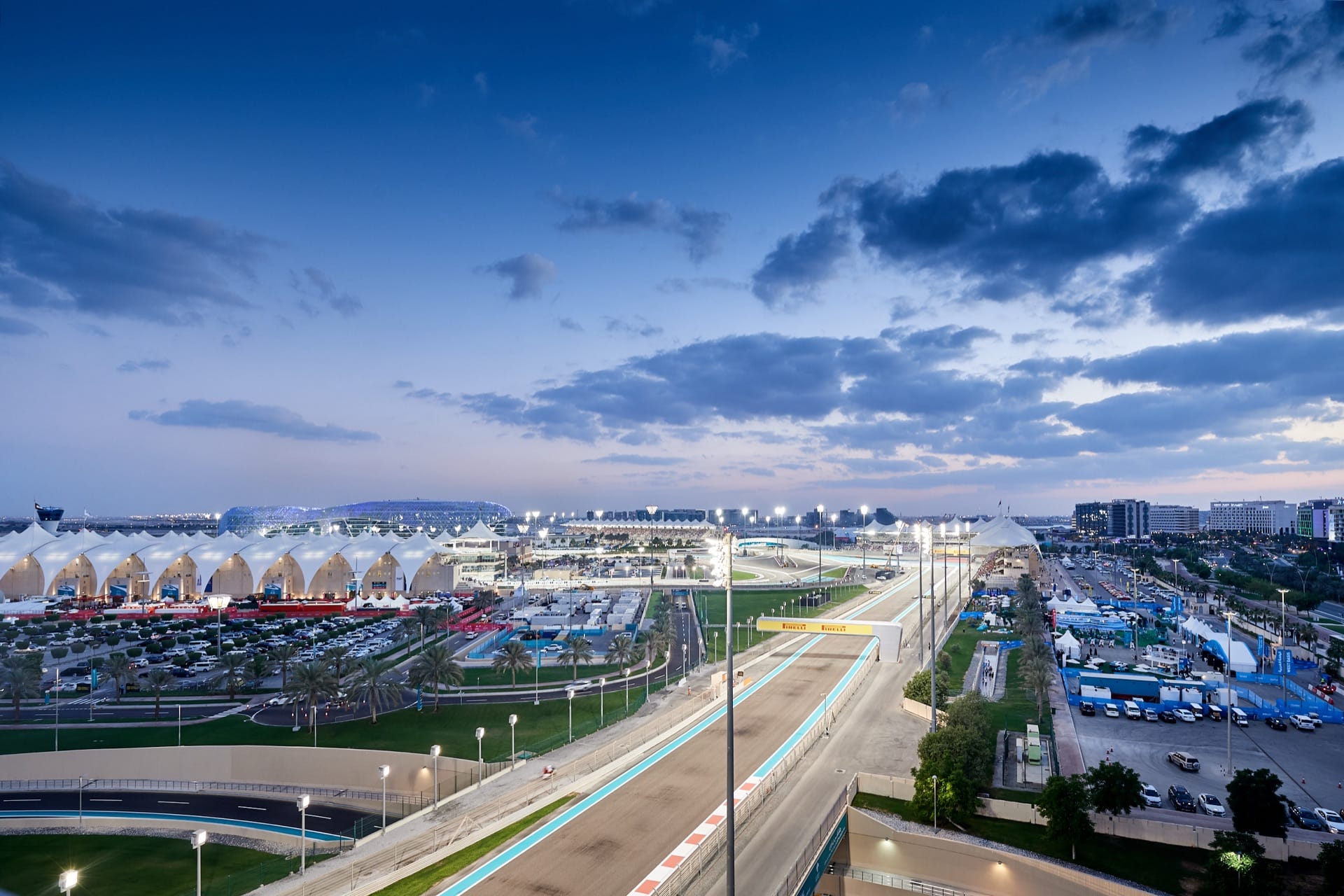 Panoramic view of the Yas Marina Circuit at dusk from a Mr Flavour hospitality suite at the Abu Dhabi Grand Prix