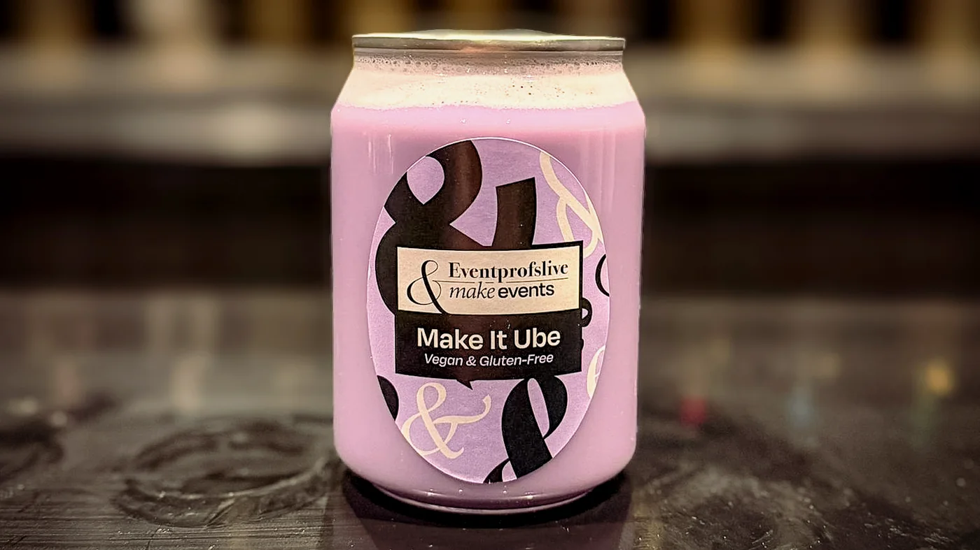 A single clear Mr Flavour can of pale purple ube drink with an oval Eventprofslive and Make Events label.