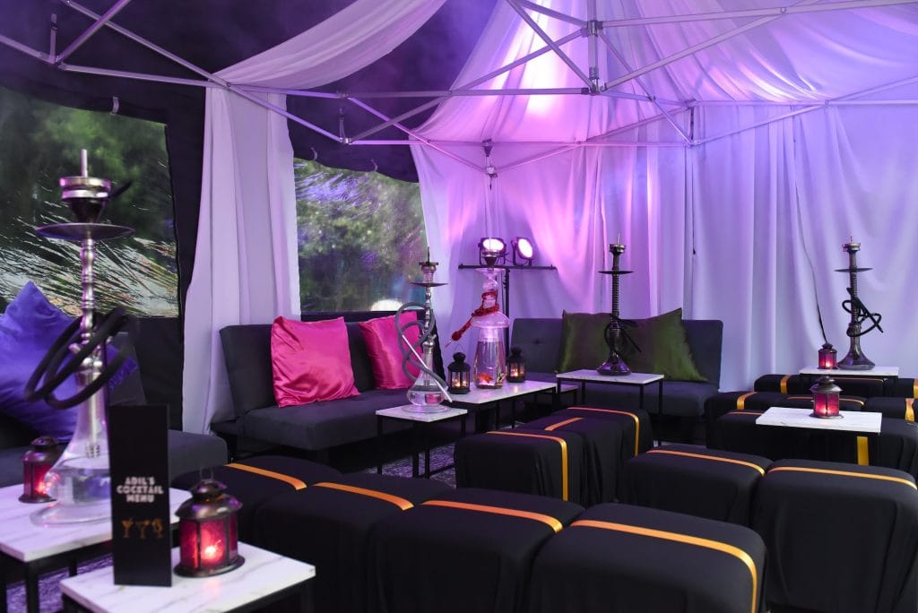 Shisha tent hire with marquee draping, lounge seating and lanterns set up by Mr Flavour