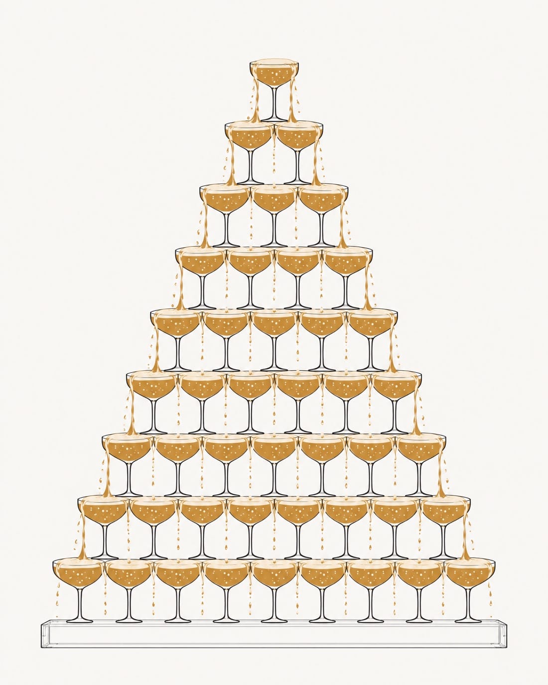 Nine tier champagne tower of coupe glasses on a clear acrylic plinth, champagne cascading from the top coupe, illustration